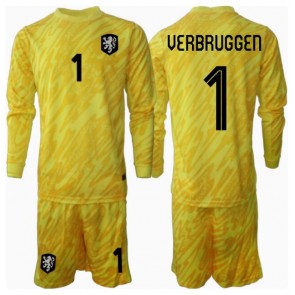 Holandsko Bart Verbruggen #1 Brankář Venkovní dres komplet pro Děti ME 2024 Dlouhým Rukávem (+ Krátké kalhoty)
