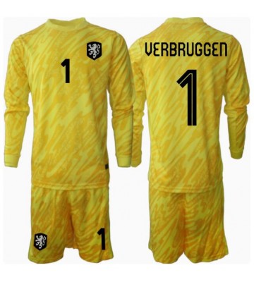 Holandsko Bart Verbruggen #1 Brankář Venkovní dres komplet pro Děti ME 2024 Dlouhým Rukávem (+ Krátké kalhoty)